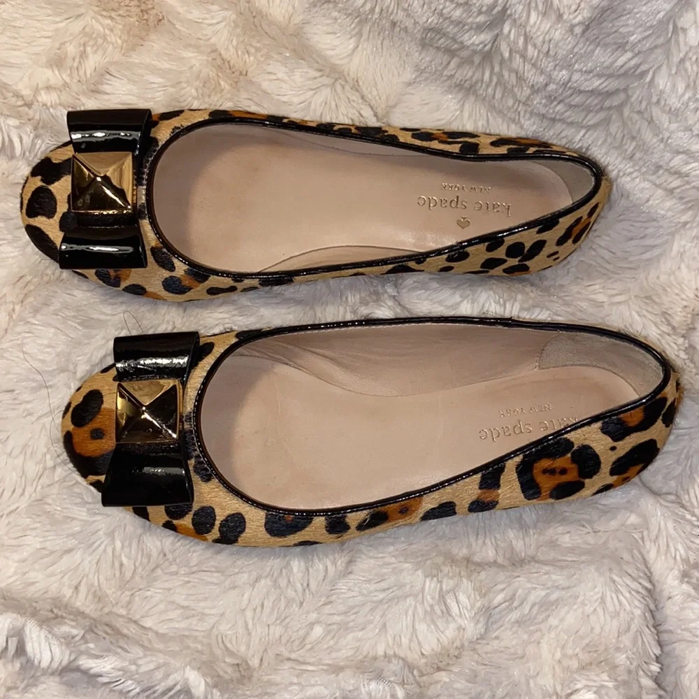Kate Spade Leopard Cheetah Print Black Bow Calf Hair Flats Ballet Shoes
